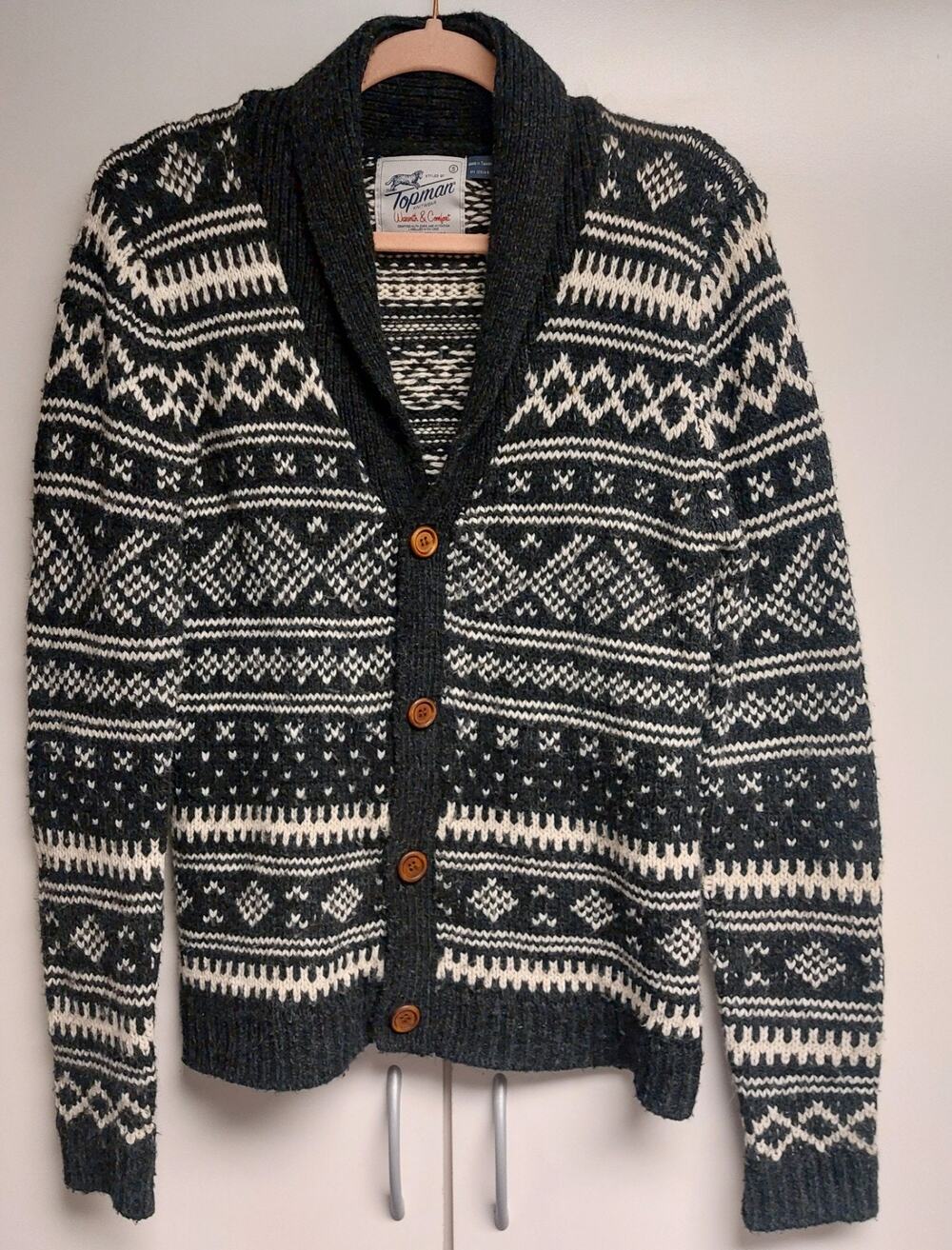 Topman Wool Blend Nordic Cozy Knit Cardigan in Black and White - Men's Small